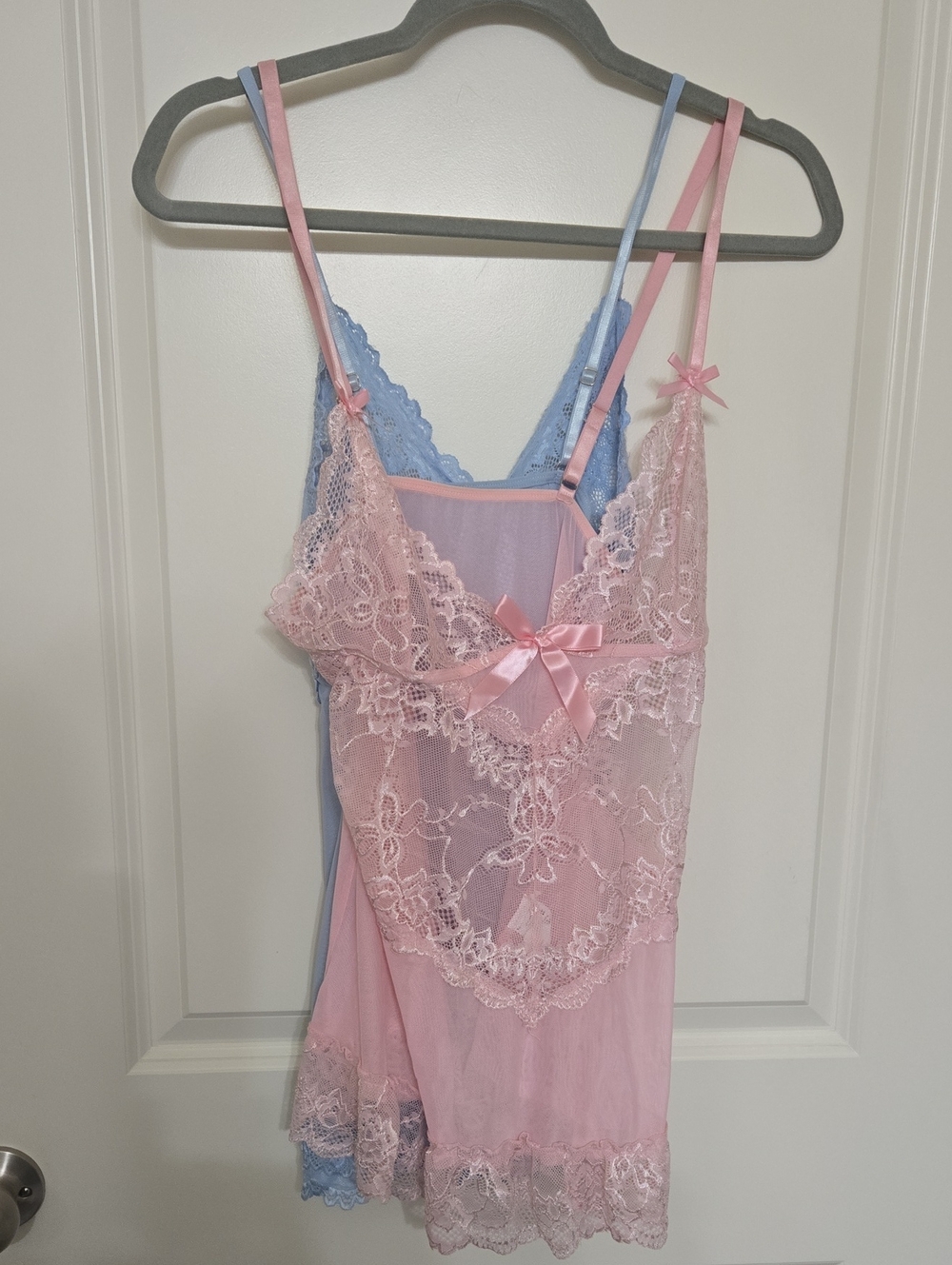 Sheer Lace-Front Chemise with Satin Bow - Pink & Blue